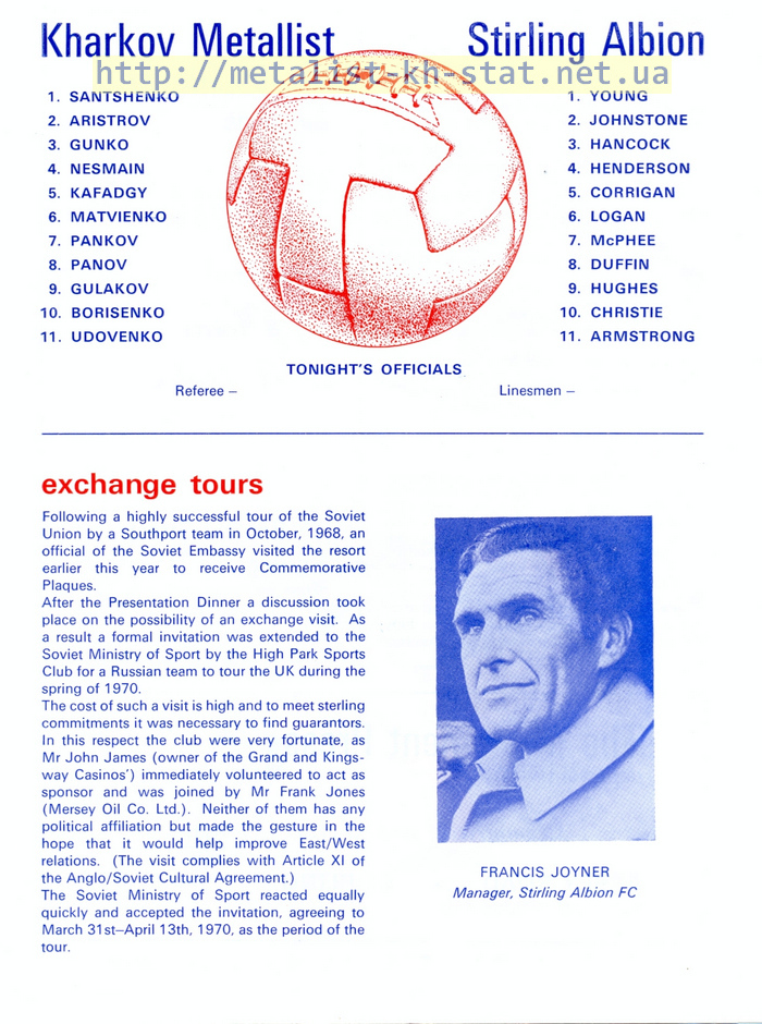 1970 год. Турне по Великобритании. Stirling Albion FC - Metalist Kharkov. Страница (2). (От Владимира Аристова)